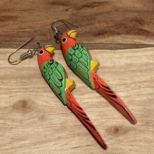 Vtg Hand Painted Brightly Colored PARROT 3" Earrings Dangle